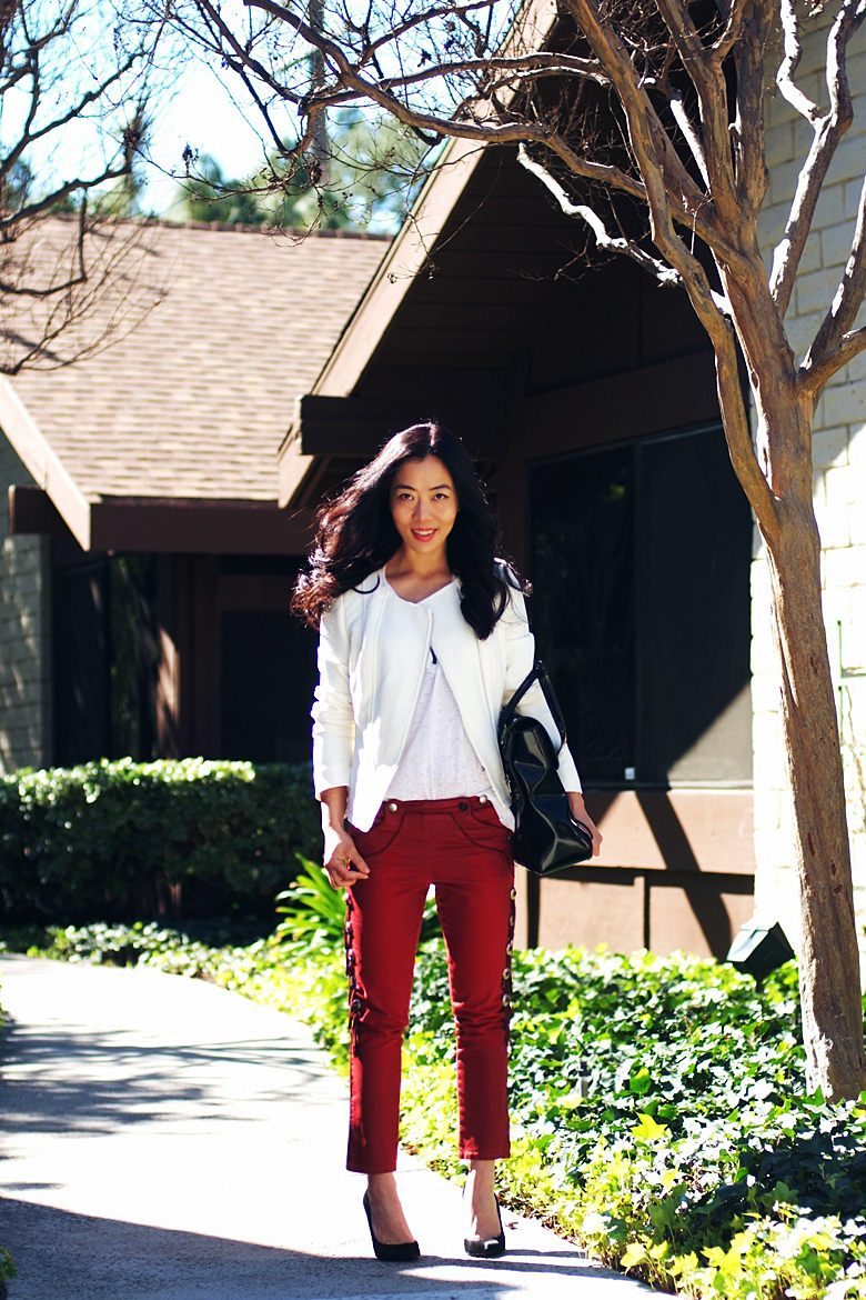 HallieDaily White Jacket & Red Jeans_1