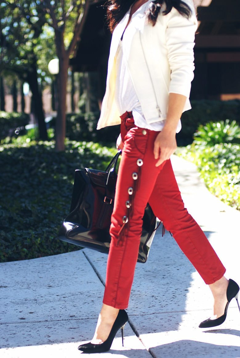 White Biker Jacket and Red Jeans