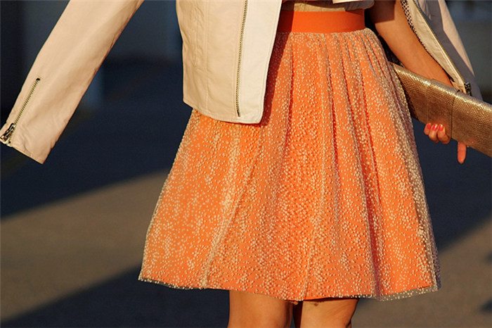 Studded Collar Jacket and neon orange skirt_3