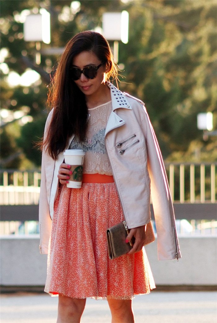 Studded Collar Jacket and neon orange skirt_4