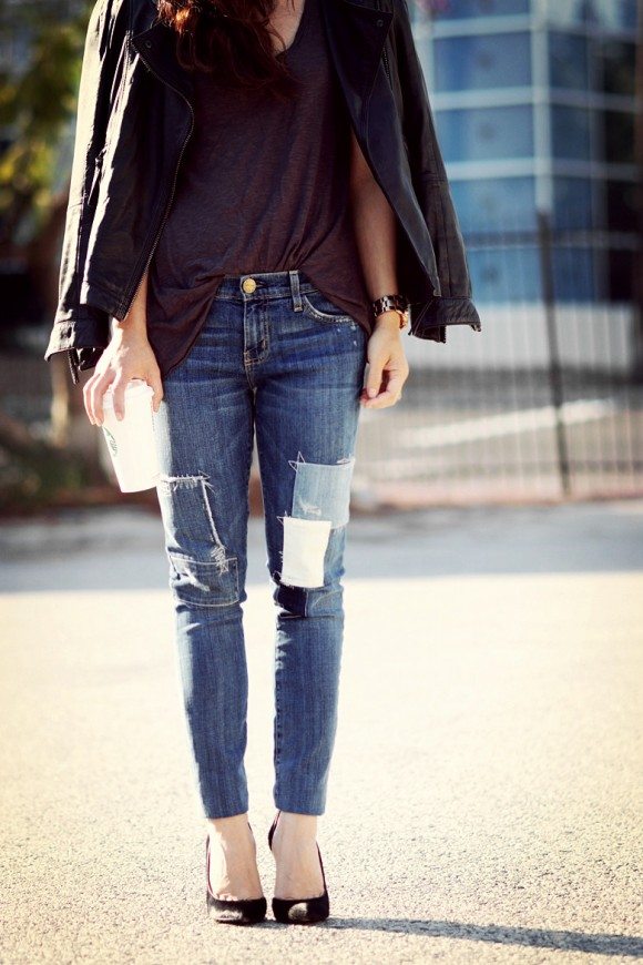 “Mom-blogger Off Duty Look”: Biker Leather Jacket + Basic Tee + Patched ...