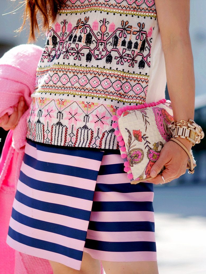 Pink Coat, Striped Skirt, Print Top_6