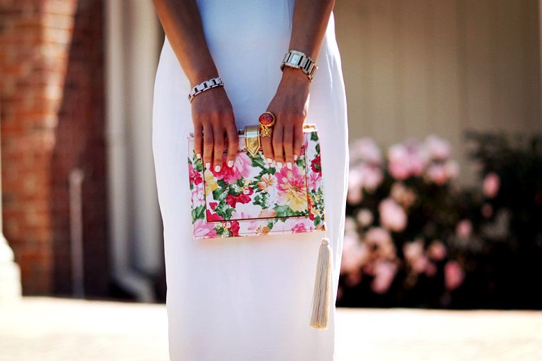 White Dress and Floral Clutch_1