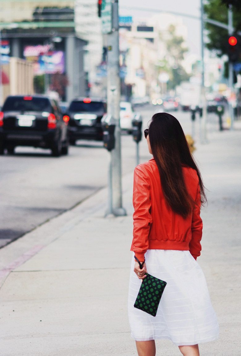 HallieDaily Red Leather Jacket and White Full Skirt_3