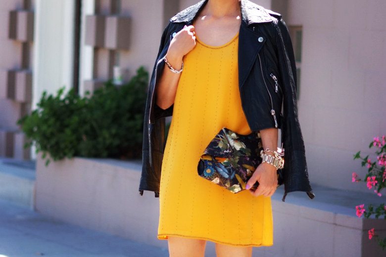 HallieDaily Yellow Dress n Leather Jacket and MCQ Clutch_1