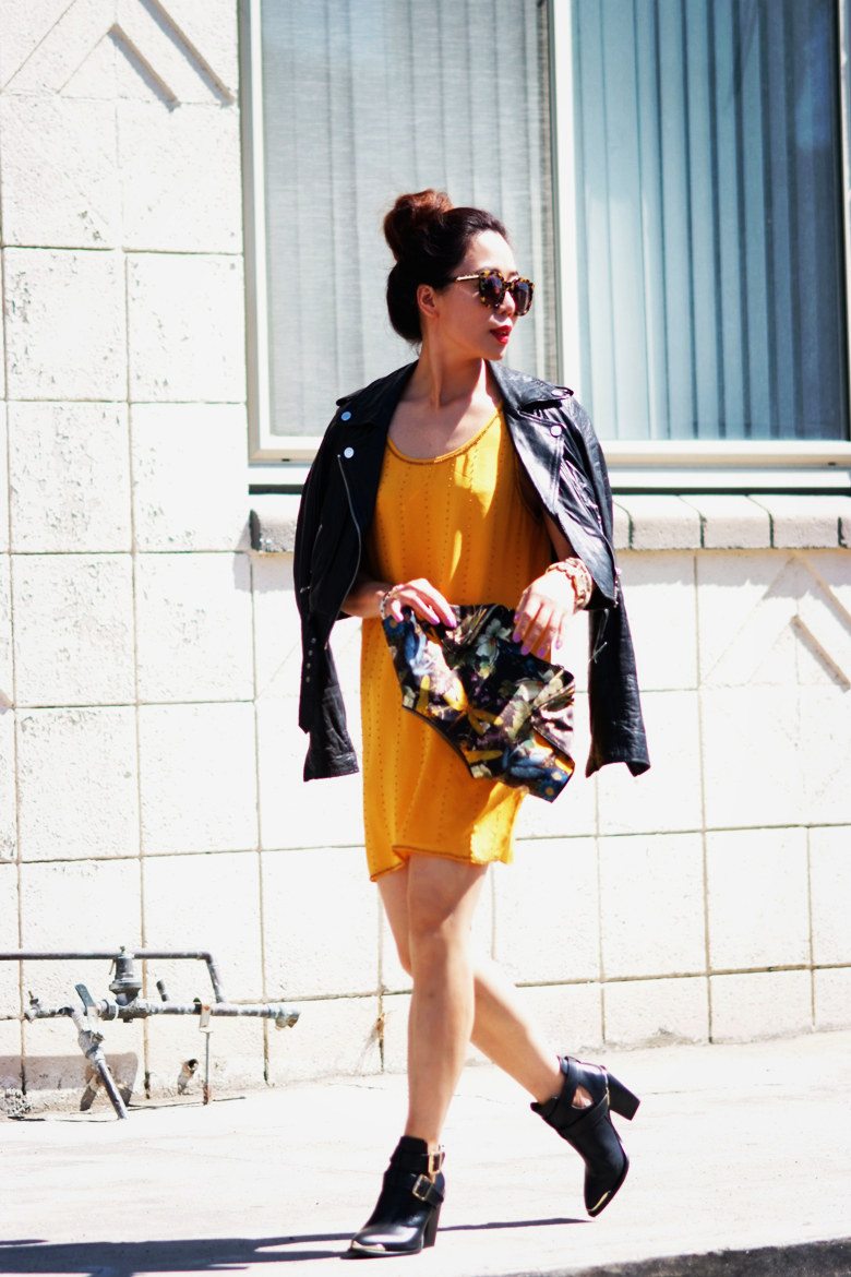 HallieDaily Yellow Dress n Leather Jacket and MCQ Clutch_3