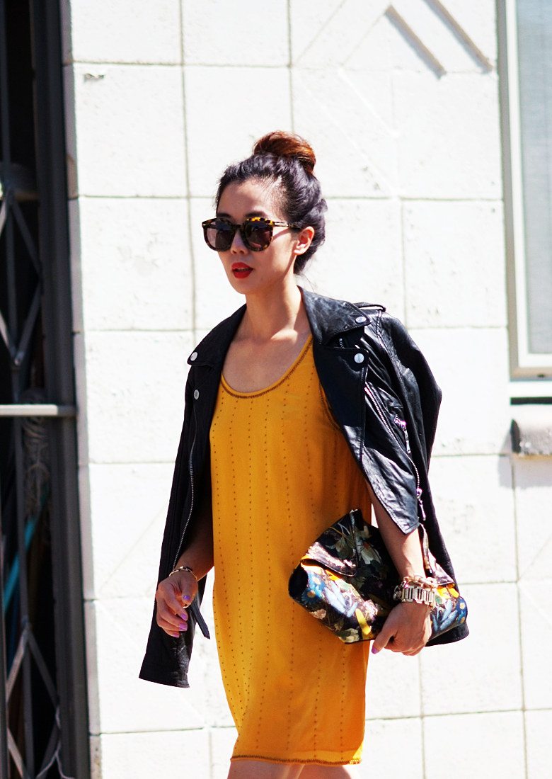 HallieDaily Yellow Dress n Leather Jacket and MCQ Clutch_4