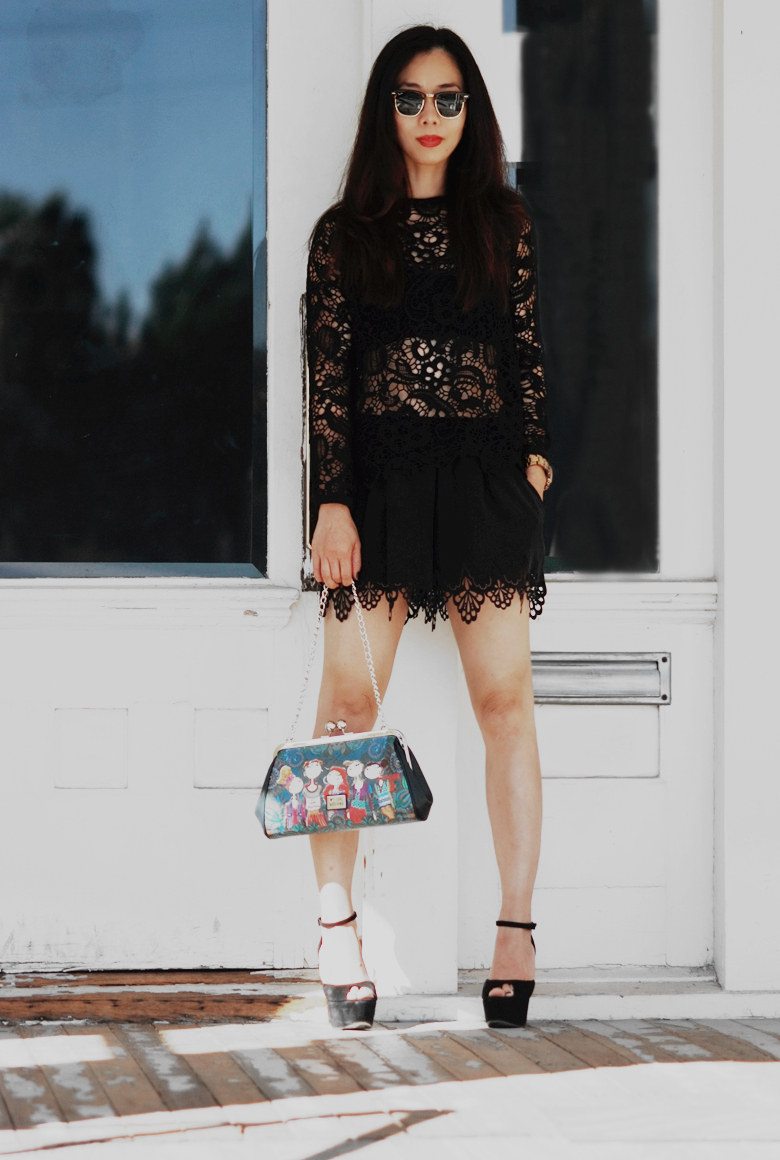 HallieSwanson All Back lace top, shorts, Love Moschino Clutch, Celine Sandals_4