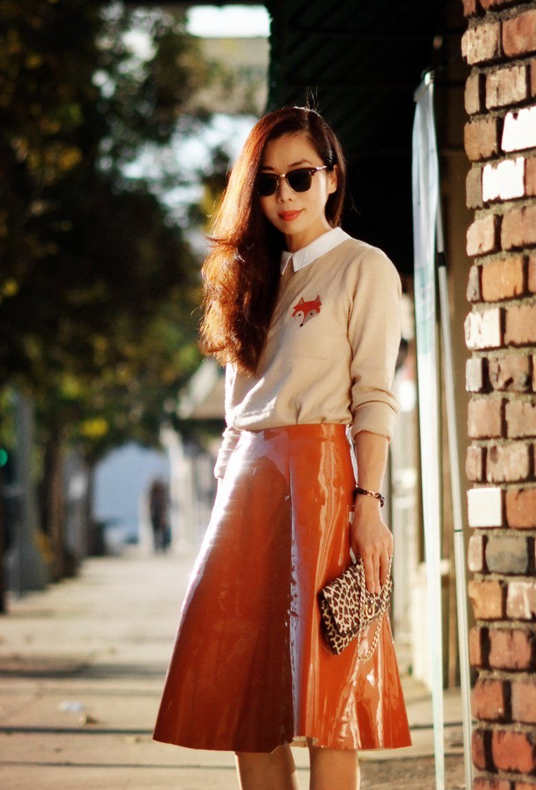 Hallie Swanson, ASOS A-Line Skirt, Fox Printed Sweater, Christian Louboutin Nude Pumps, Ray Ban Sunglasses, Leopard Mini Bag_15