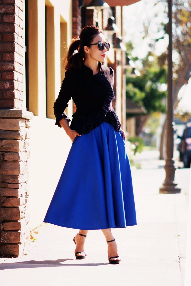 Hallie Swanson Free People Jacket and Blue Full Skirt_5