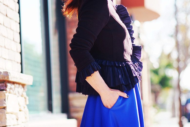 Hallie Swanson Free People Jacket and Blue Full Skirt_7