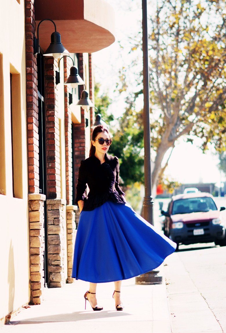 Hallie Swanson Free People Jacket and Blue Full Skirt_9