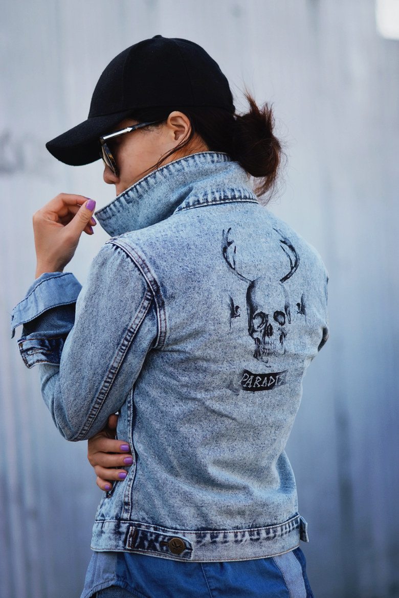 HallieDaily One Teaspoon Denim Jacket, J.crew Jeans and Pink Pumps, H&M Cap, ASOS Patched Denim Shirt_1