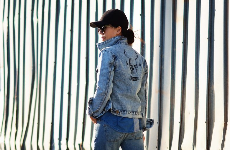 HallieDaily One Teaspoon Denim Jacket, J.crew Jeans and Pink Pumps, H&M Cap, ASOS Patched Denim Shirt_4