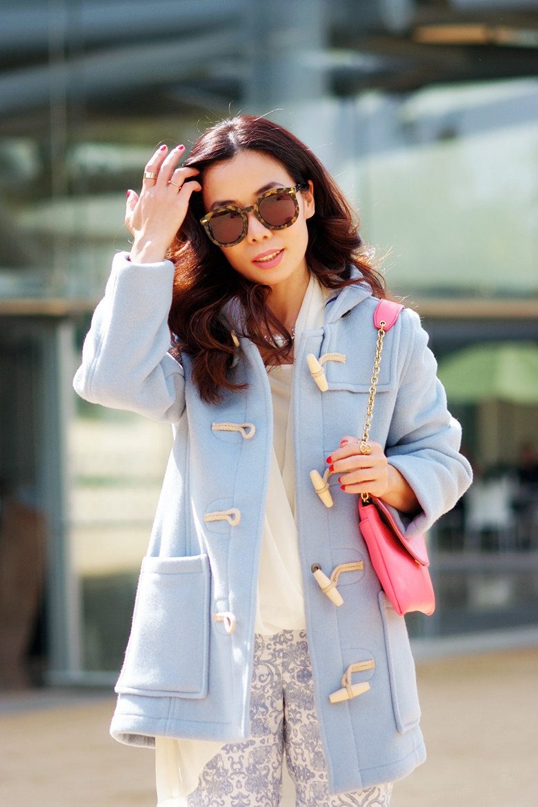 HallieSwanon Ice Blue Toggle Coat, Floral Print Pants, Pink clutch, Suede Flats_1