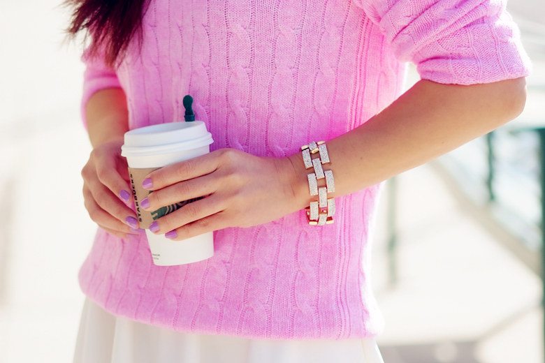 HallieSwanson J.Crew Pink Sweater, Full White Skirt, Miu Miu Bow Metallic Loafers_3