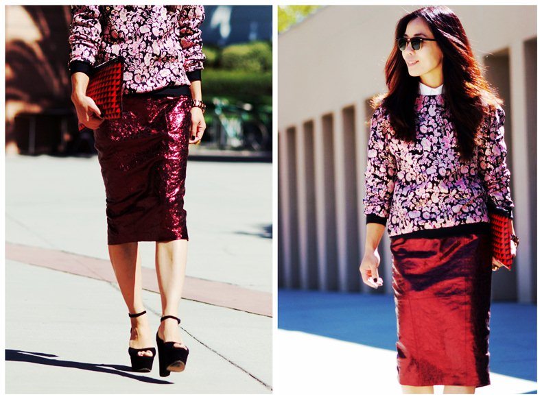 HallieSwanson MSGM Floral Sweatshirt, ASOS Metallic Skirt, Celine Sandals, PS Clutch_10