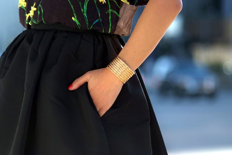 HallieSwanson Red Valentino Maxi Full Skirt, J.Crew Pink Pumps and Floral Printed Tee, YSL cuff_2