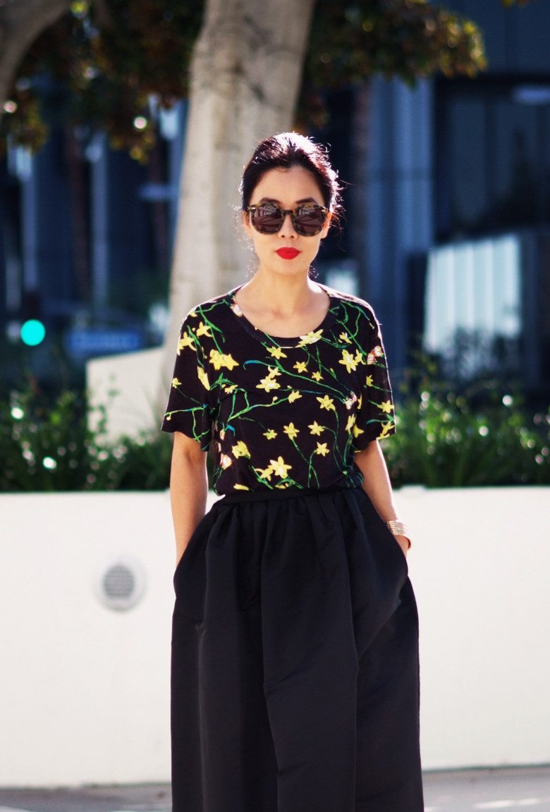 HallieSwanson Red Valentino Maxi Full Skirt, J.Crew Pink Pumps and Floral Printed Tee, YSL cuff_9