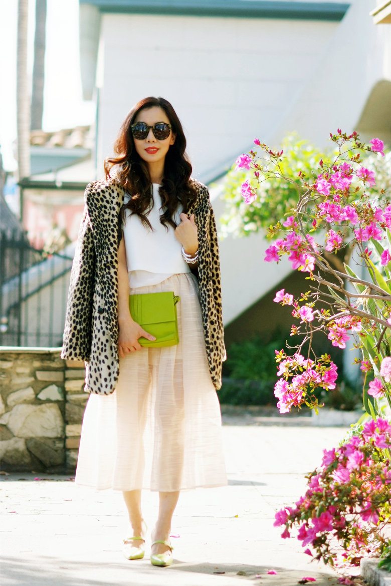 Spring Calling: Leopard Coat, Creamy Full Skort with Lime Touch