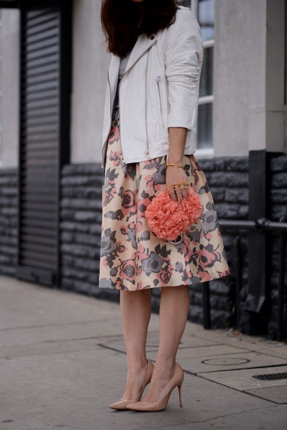 Butter and Flower : White Leather Jacket and Floral Full Skirt