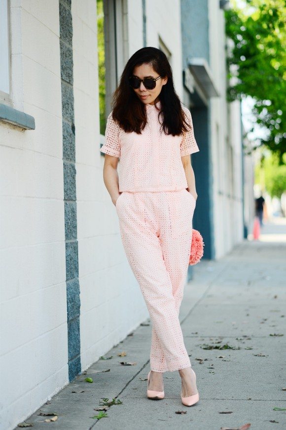 Eyelet Jumpsuit and Flower Clutch