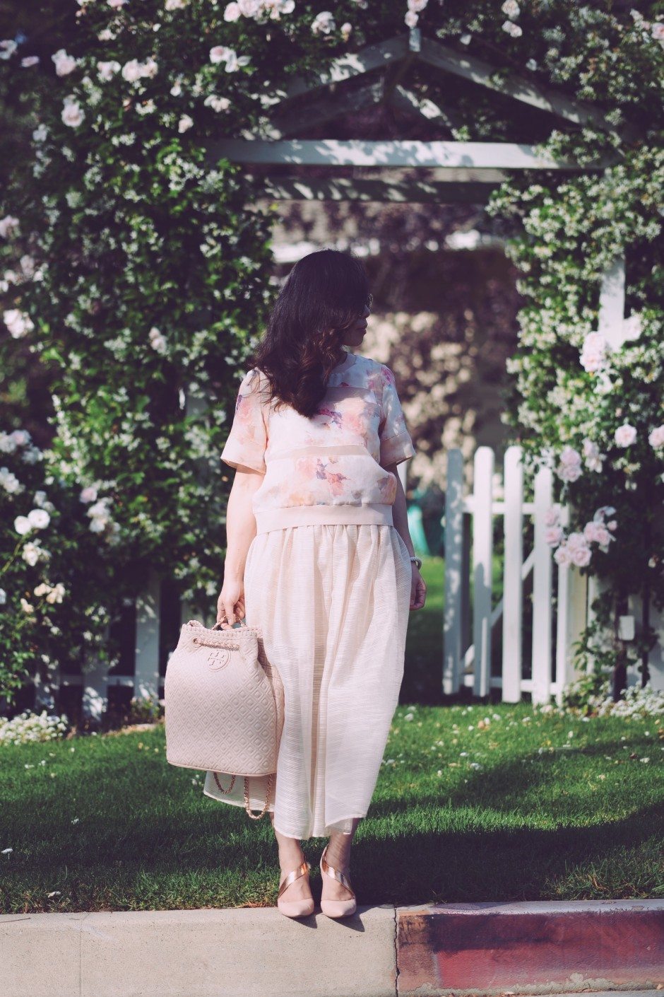 HallieDaily: Rose Garden in Tory Burch Backpack, Rebecca Taylor Floral Top