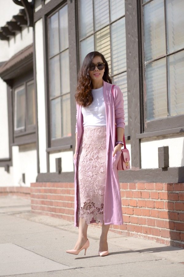 Pink on Pink: Oversized Cardigan and Lace Pencil Skirt |