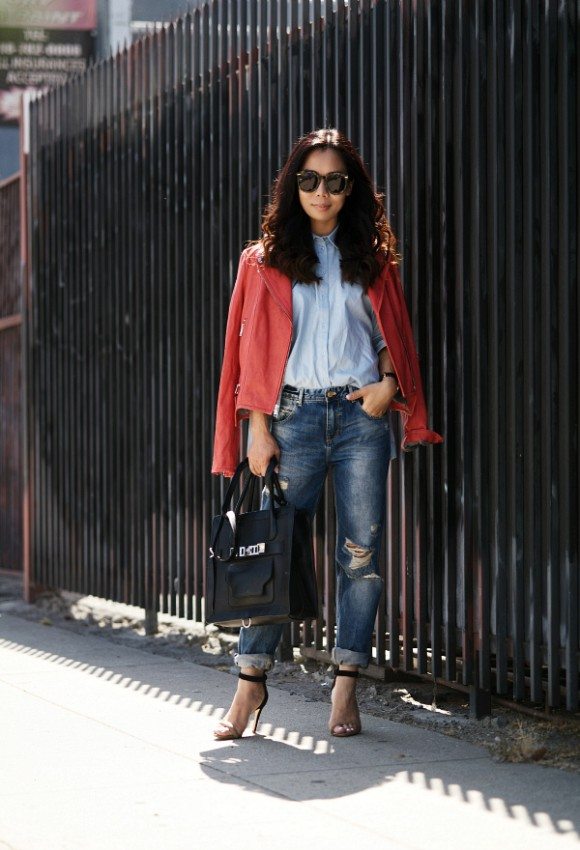 Double Denim and Red Leather Jacket