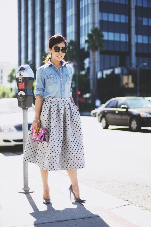 Polka Dot Midi Skirt and Saint Laurent Transparent Bag | HallieDaily