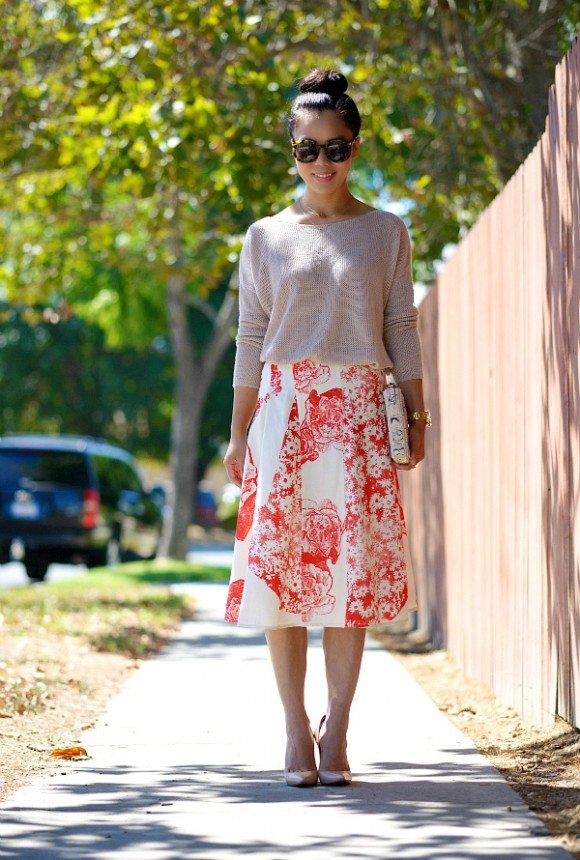 Nude and Floral: Summer Knit Top and Stella Floral Skirt | HallieDaily