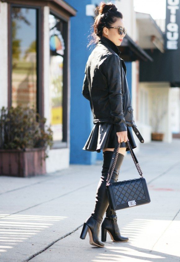 Black Leather Jacket and Over-the-Knee-Boots