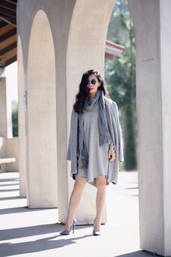 Gray sweater scarf with dress set