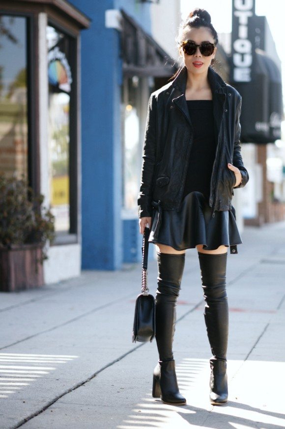 Black Leather Jacket and Over-the-Knee-Boots | HallieDaily