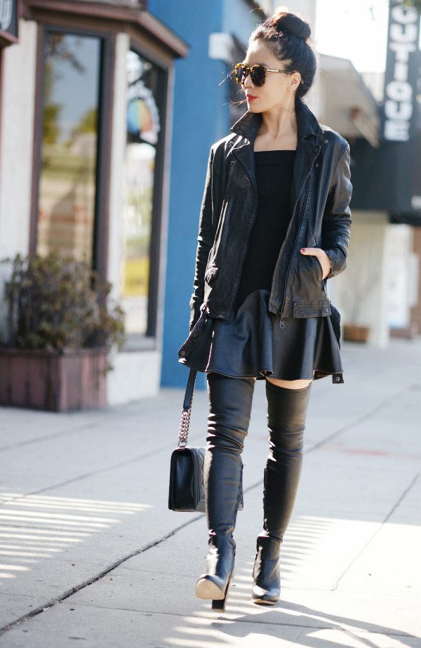 little black dress with leather jacket