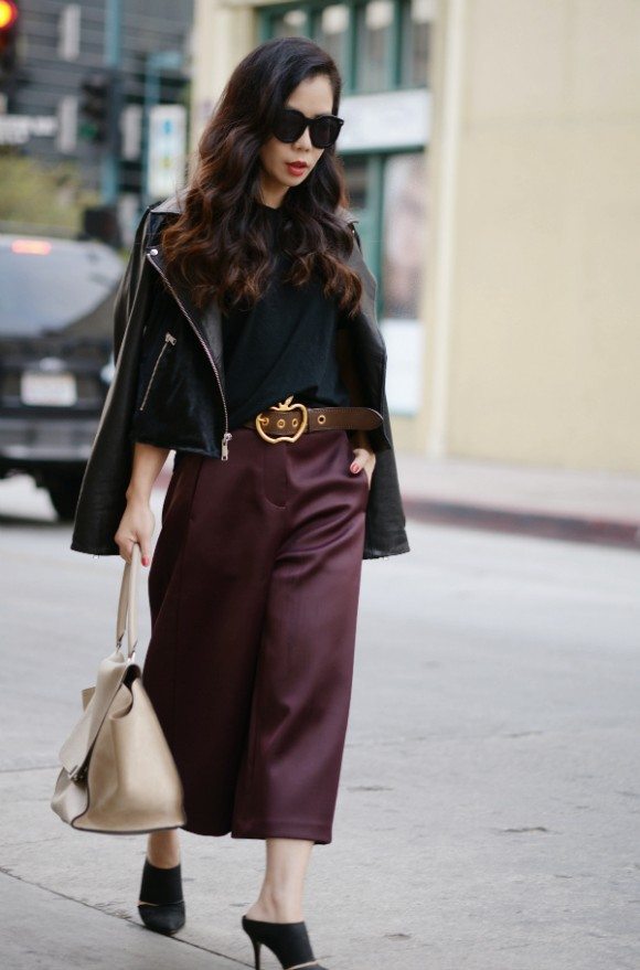 Burgundy Meet Black: Leather Jacket and Culottes | HallieDaily