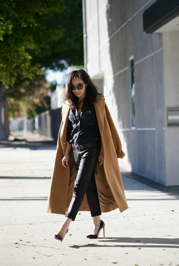 camel coat black jeans