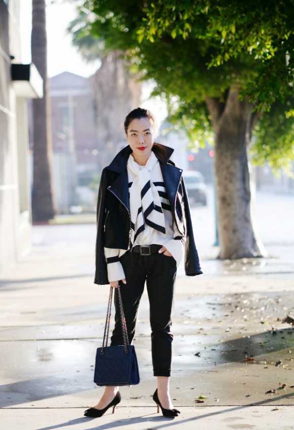 Black and White Style: Leather Jacket and Silk Blouse