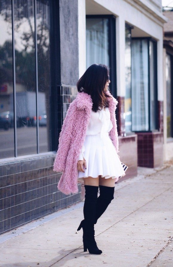 Furry Babe: Pink Faux Fur Coat and Over The Knee Boots