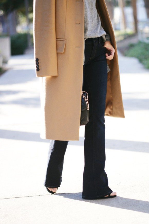 Hat On: Camel Coat and Flare Jeans | HallieDaily