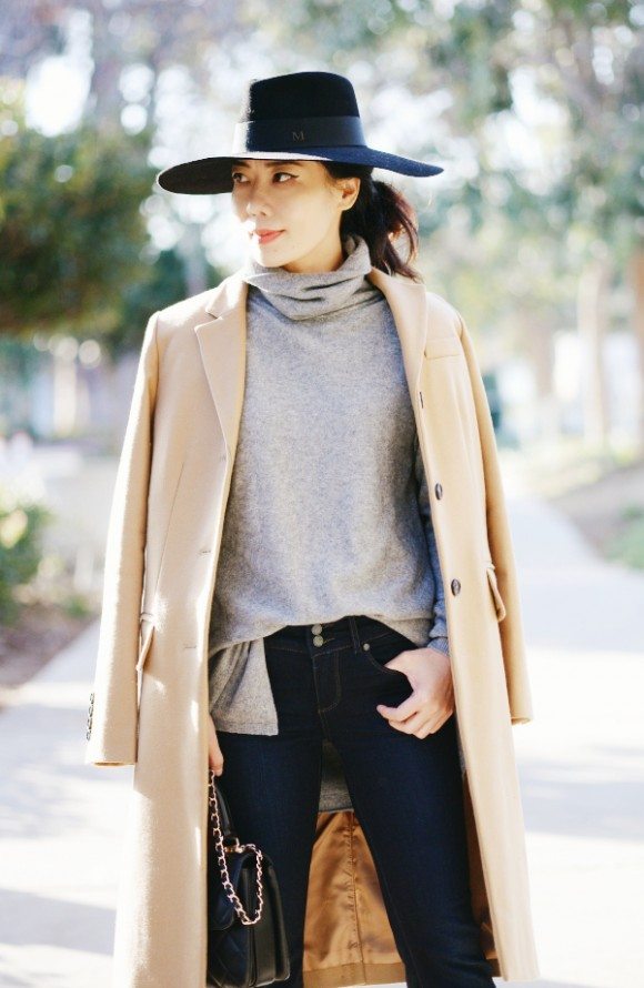 Hat On: Camel Coat and Flare Jeans | HallieDaily