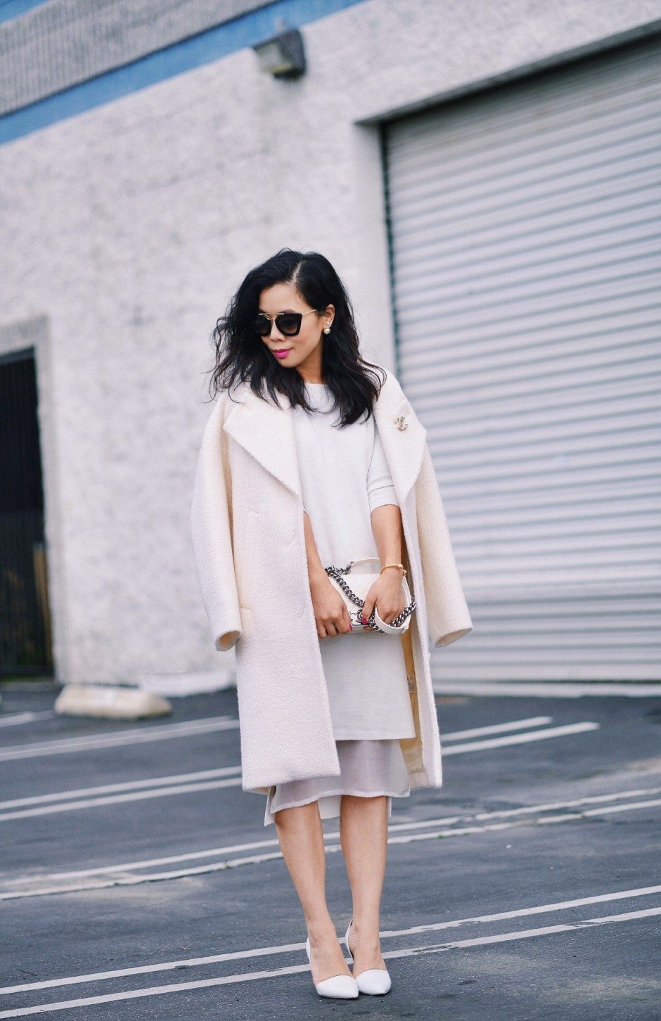 HallieDaily: Carven-Wool-Coat-ASOS-White-Dress-Chanel-White-Boy-Bag-Prada-Sunglasses-Vince-White-Pumps 