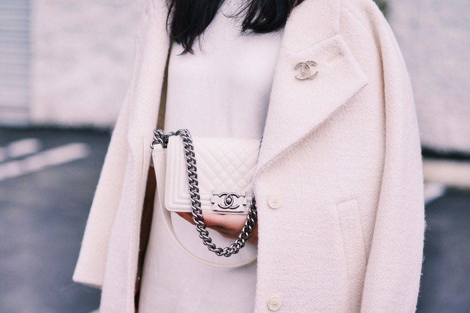 HallieDaily: Carven-Wool-Coat-ASOS-White-Dress-Chanel-White-Boy-Bag-Prada-Sunglasses-Vince-White-Pumps 