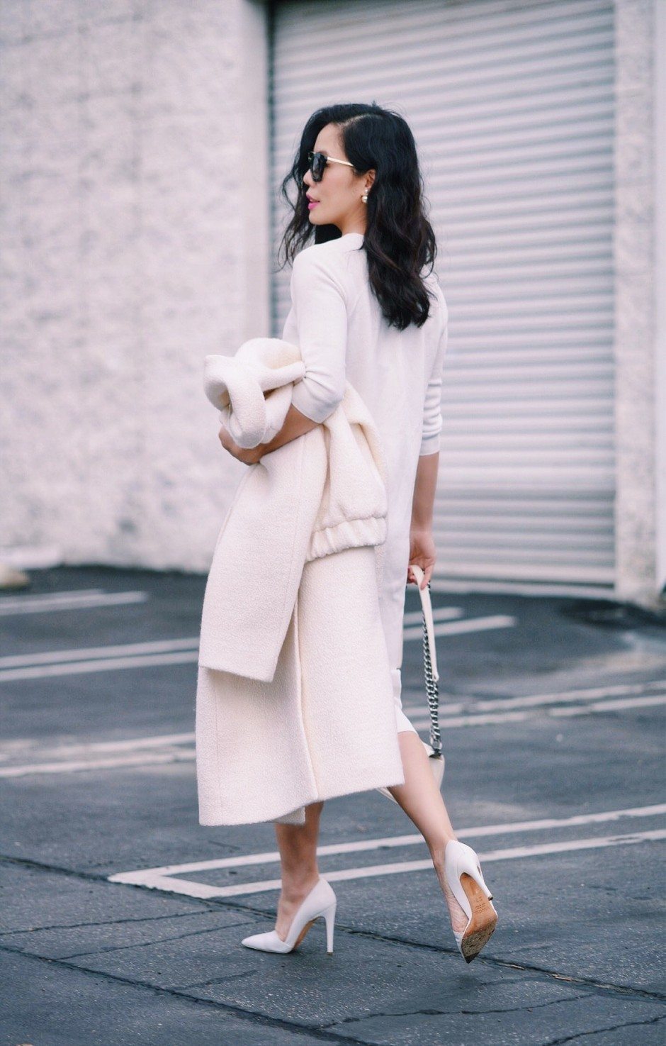 HallieDaily: Carven-Wool-Coat-ASOS-White-Dress-Chanel-White-Boy-Bag-Prada-Sunglasses-Vince-White-Pumps 