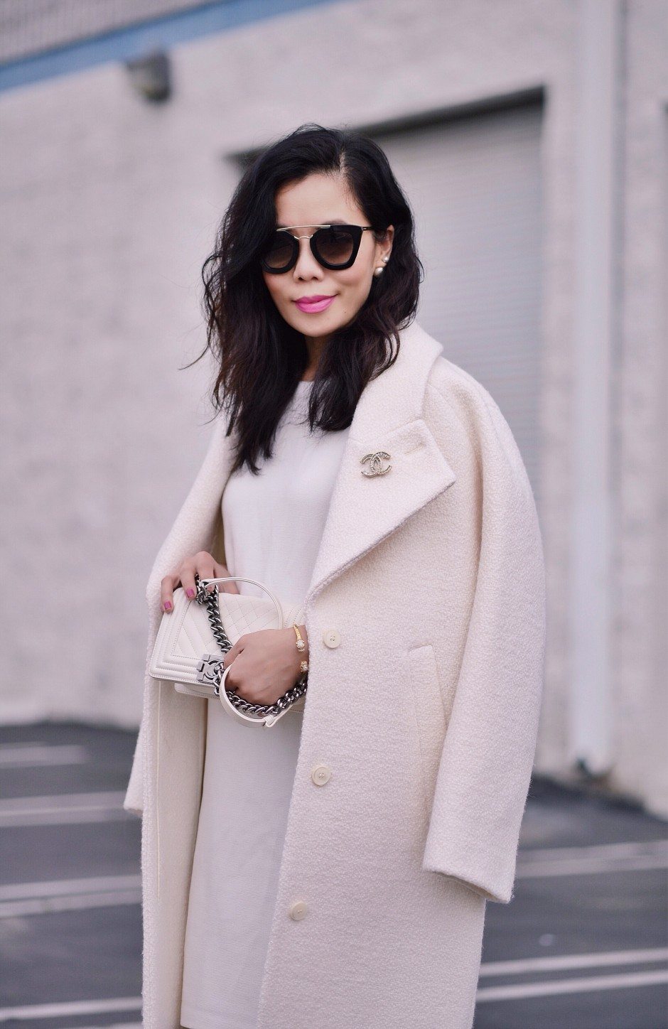 HallieDaily: Carven-Wool-Coat-ASOS-White-Dress-Chanel-White-Boy-Bag-Prada-Sunglasses-Vince-White-Pumps 