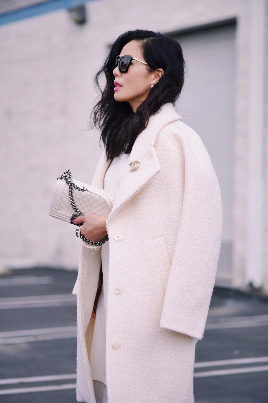 HallieDaily: Carven-Wool-Coat-ASOS-White-Dress-Chanel-White-Boy-Bag-Prada-Sunglasses-Vince-White-Pumps 