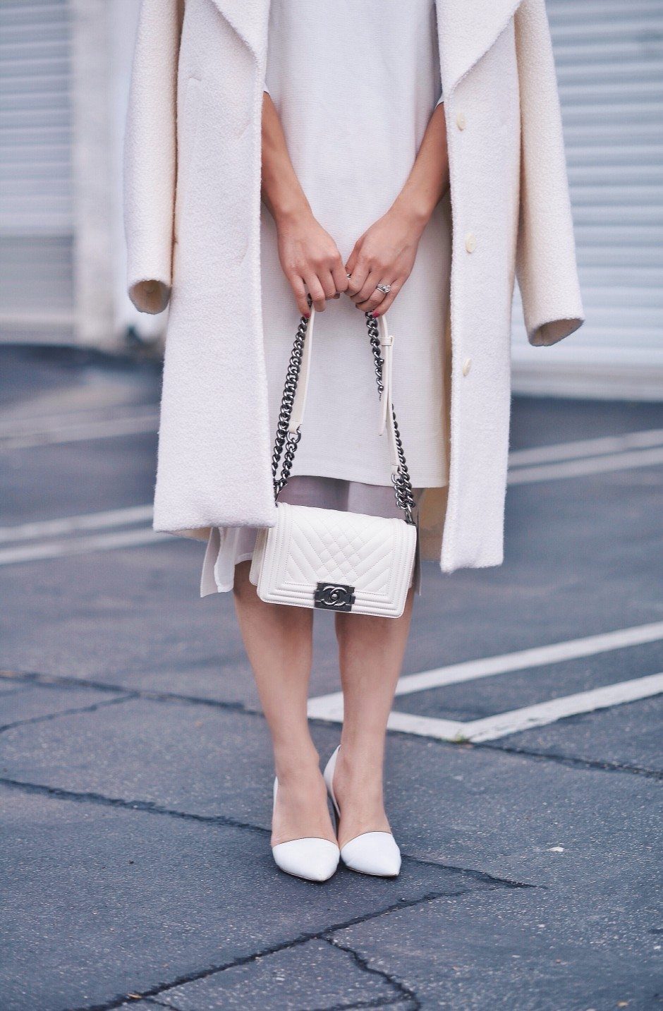 HallieDaily: Carven-Wool-Coat-ASOS-White-Dress-Chanel-White-Boy-Bag-Prada-Sunglasses-Vince-White-Pumps 