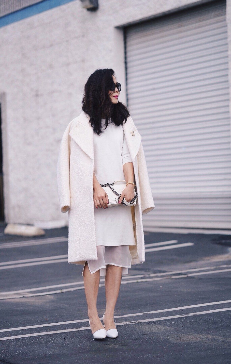 HallieDaily: Carven-Wool-Coat-ASOS-White-Dress-Chanel-White-Boy-Bag-Prada-Sunglasses-Vince-White-Pumps 