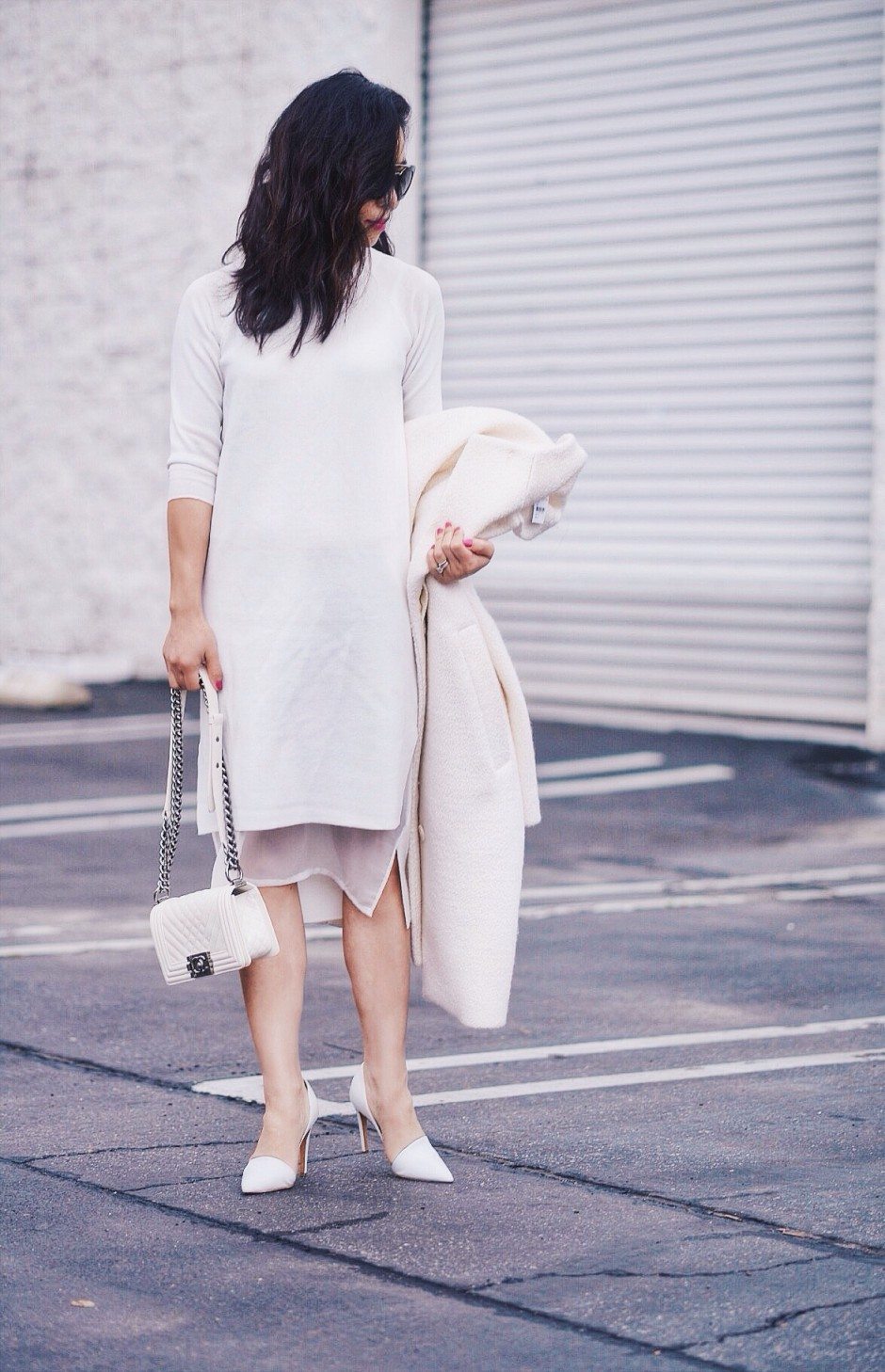 HallieDaily: Carven-Wool-Coat-ASOS-White-Dress-Chanel-White-Boy-Bag-Prada-Sunglasses-Vince-White-Pumps 