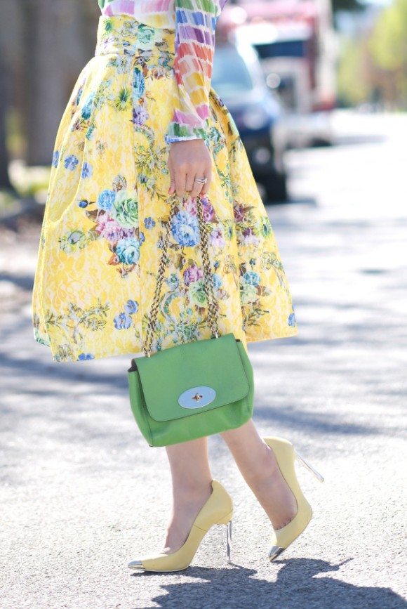 Spring Colors: Printed Blouse on Printed Full Skirt | HallieDaily
